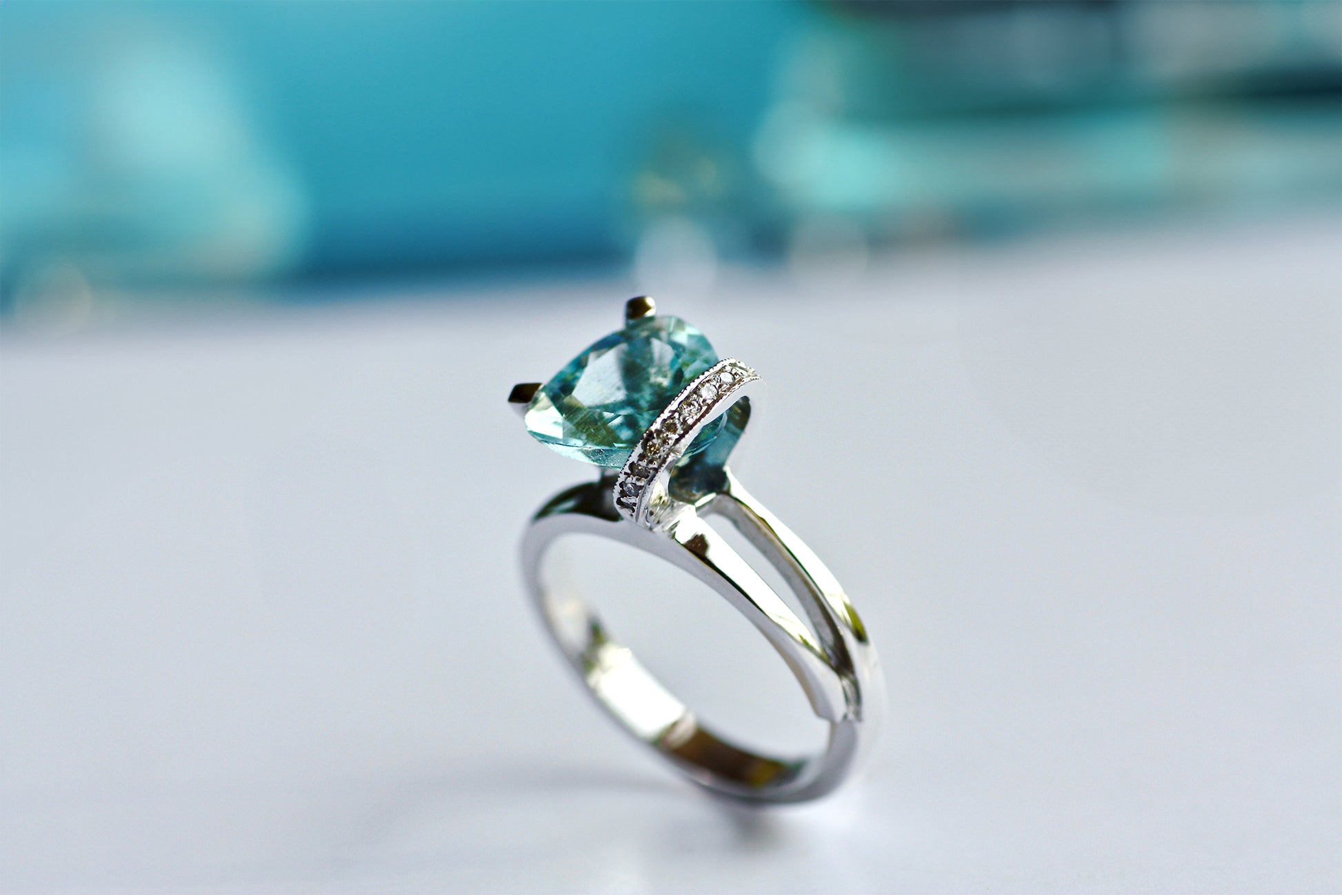 Amazing Aquamarine stone set on gold ring with diamonds, Aquamarine is march Birthstone