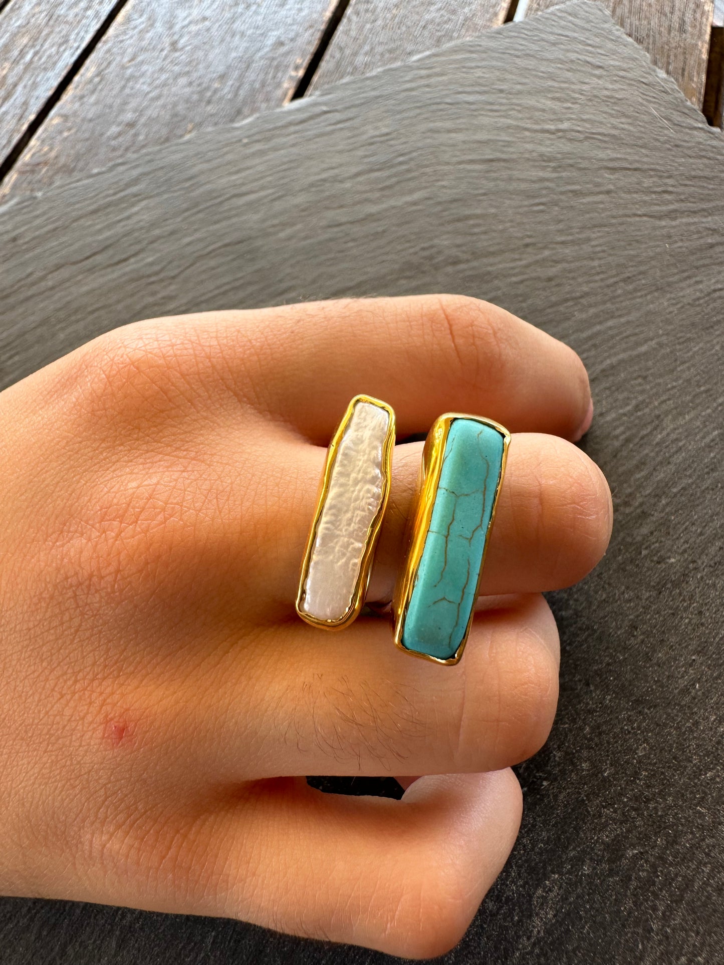 Silver ring with other of pearl and turquoise