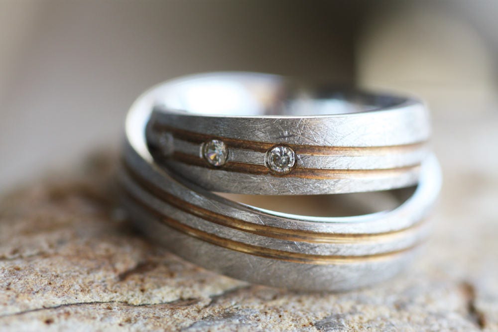 Textured Gold Wedding ring, Diamond Rose Gold ring