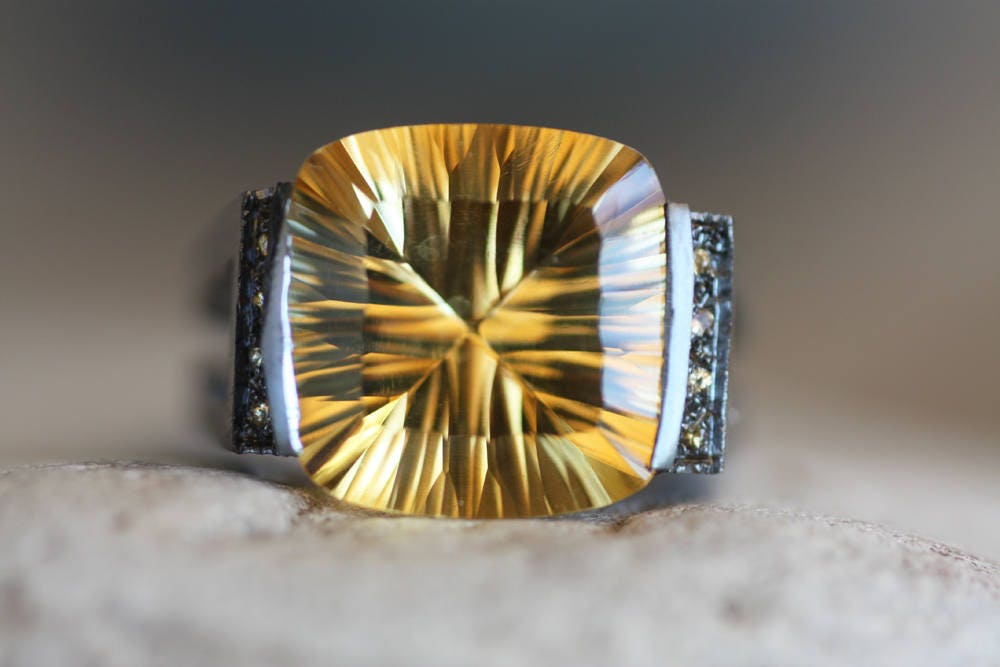 Mens engagement Citrine and Diamonds ring