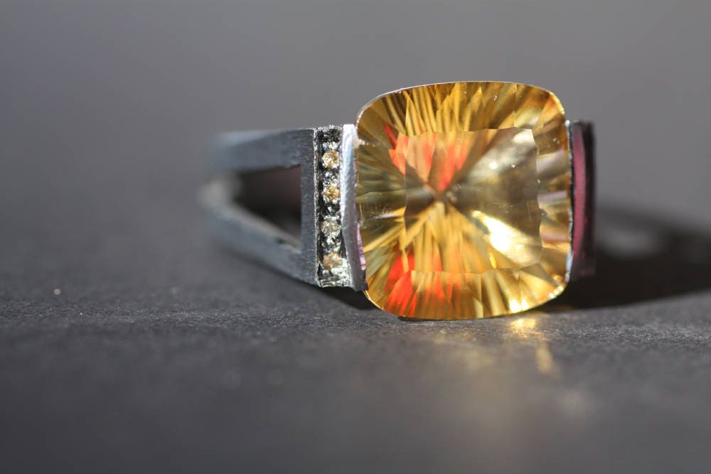 Mens engagement Citrine and Diamonds ring