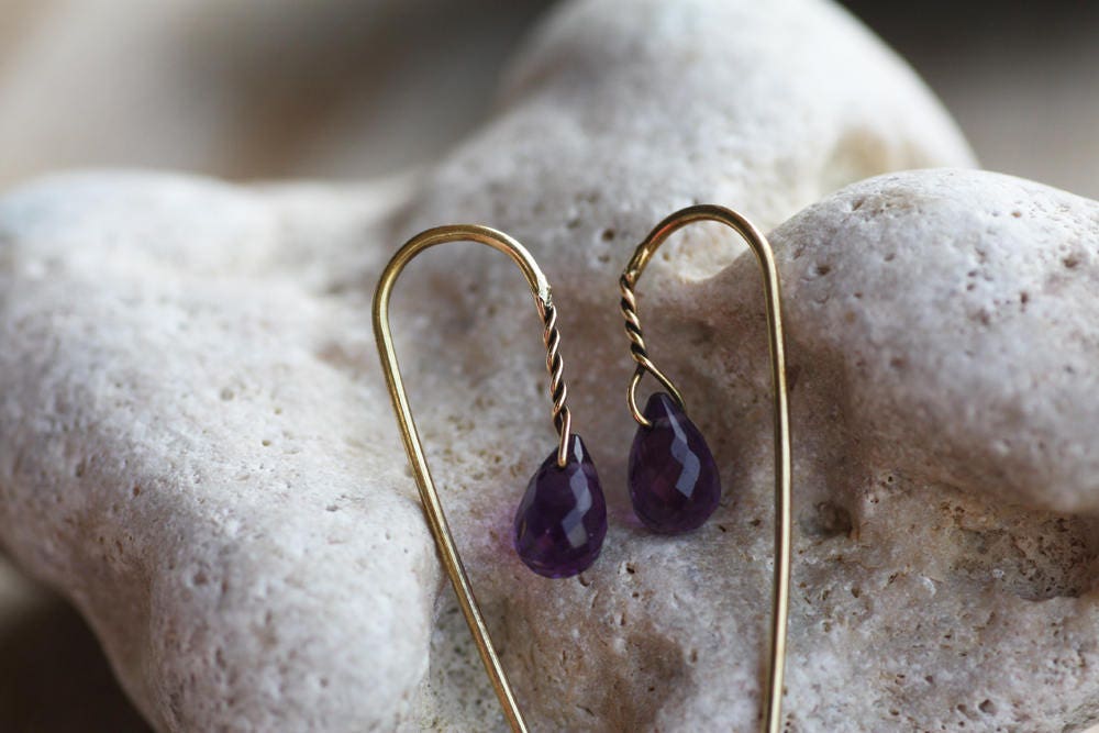 Gold K18 Wire earrings with handcrafted Amethyst, February Birthstone