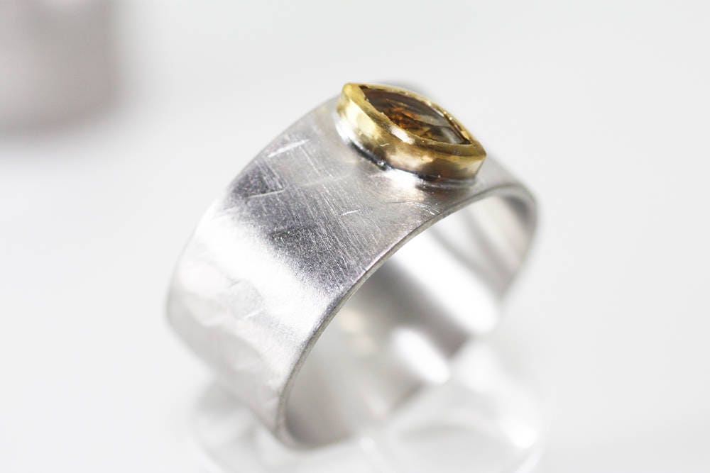 Citrine chunky wide ring, Gold 14k bezel ring
