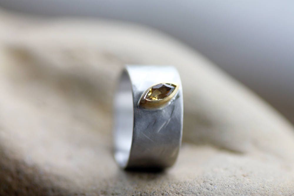 Citrine chunky wide ring, Gold 14k bezel ring