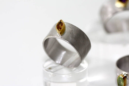 Citrine chunky wide ring, Gold 14k bezel ring