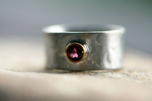 Tourmaline Sterling Silver ring white-gold plated with Gold 14k bezel ring