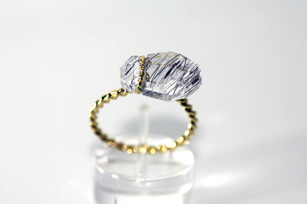 Quartz ring with rutile inclusions set with Gold K18, Totally Handmade