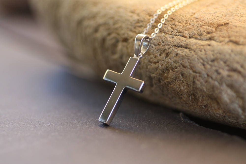 White Gold Cross for men in plain and simple lines, Christening