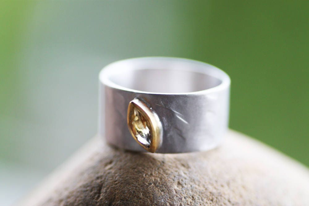 Citrine chunky wide ring, Gold 14k bezel ring
