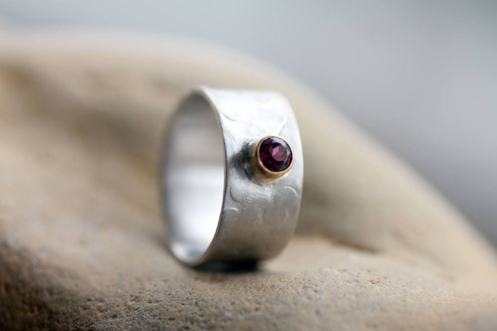 Tourmaline Sterling Silver ring white-gold plated with Gold 14k bezel ring