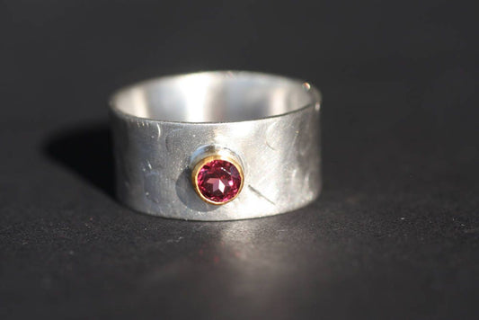 Tourmaline Sterling Silver ring white-gold plated with Gold 14k bezel ring
