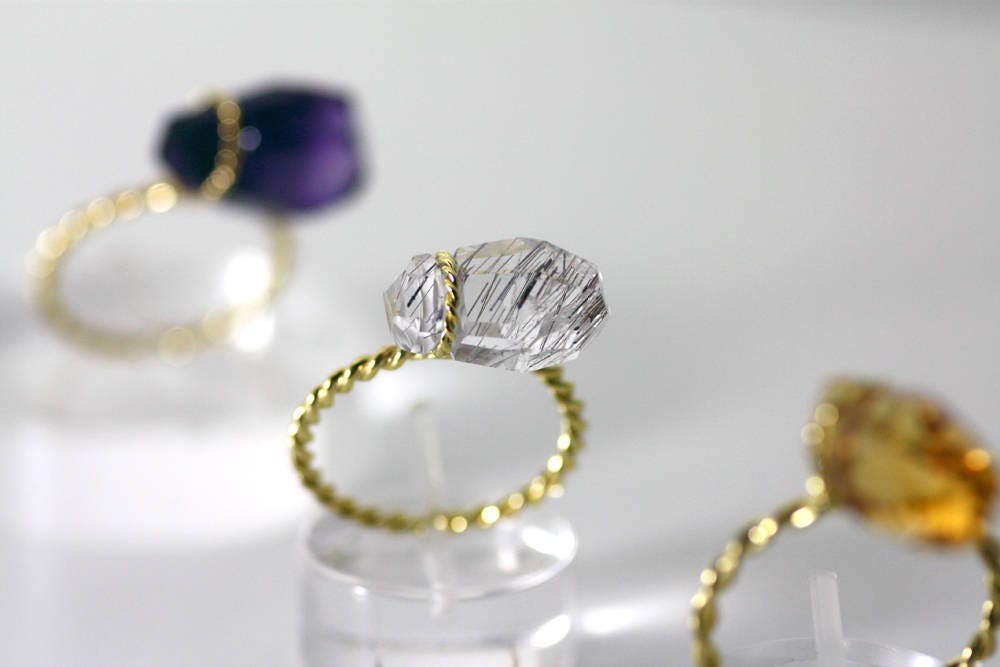 Quartz ring with rutile inclusions set with Gold K18, Totally Handmade