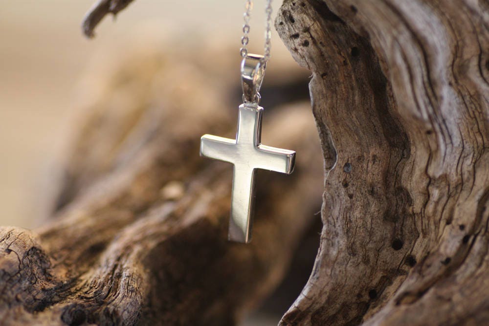 White Gold Cross for men in plain and simple lines, Christening boy cross