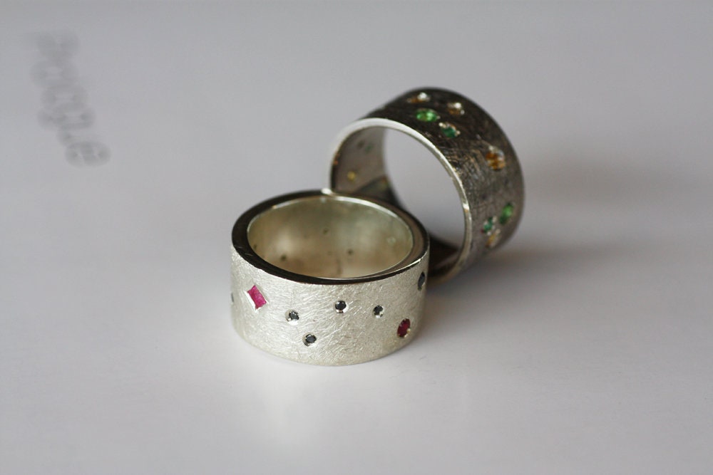 Multi-stone Rings Black Diamonds and Rubies wide band
