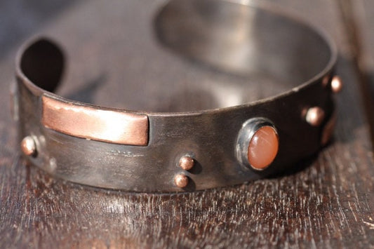 Rustic Sterling Silver and Copper with Peach Moonstone cuff