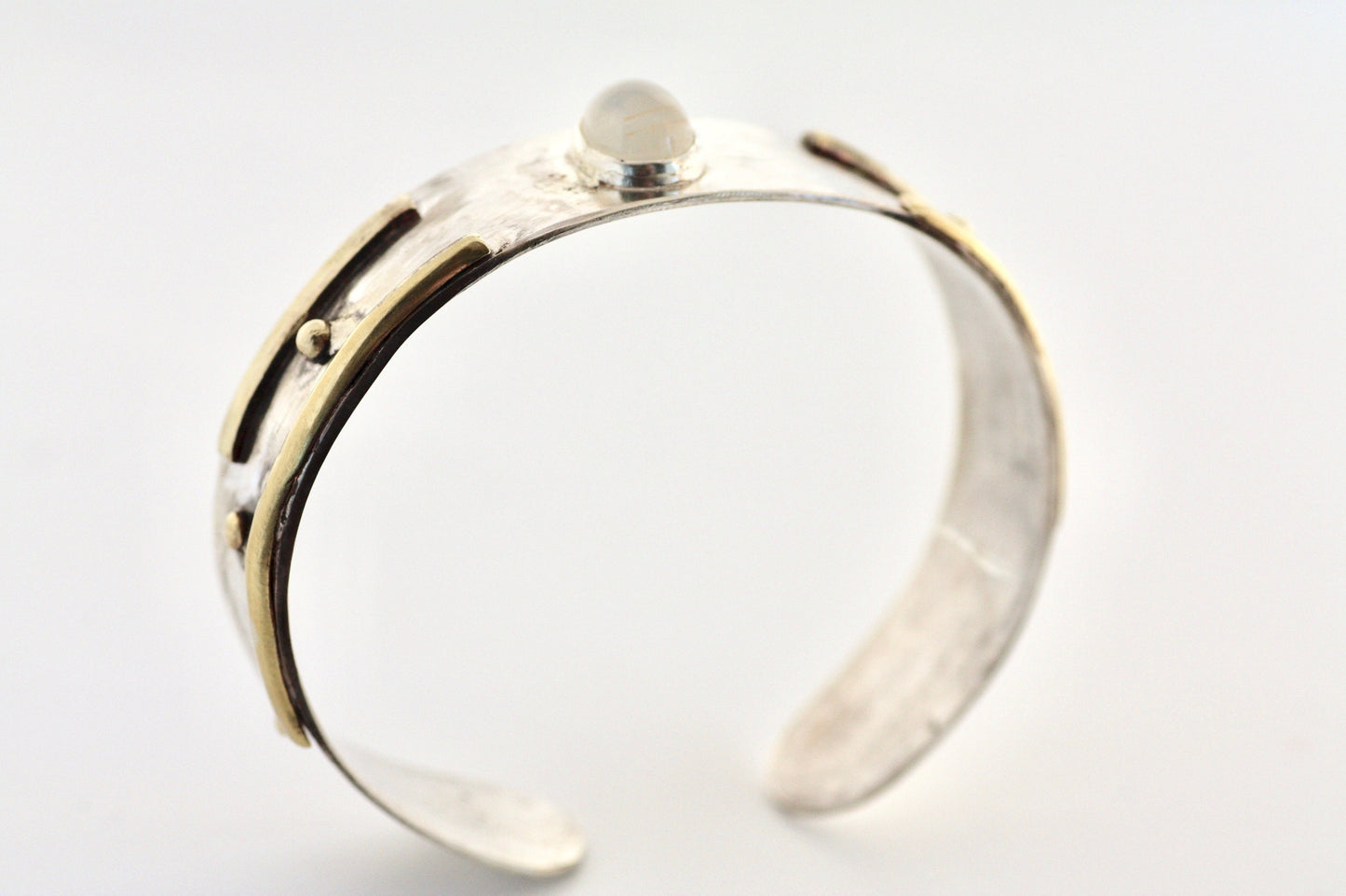 White Moonstone Rustic Sterling Silver and Brass Cuff
