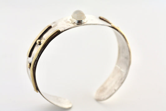 White Moonstone Rustic Sterling Silver and Brass Cuff