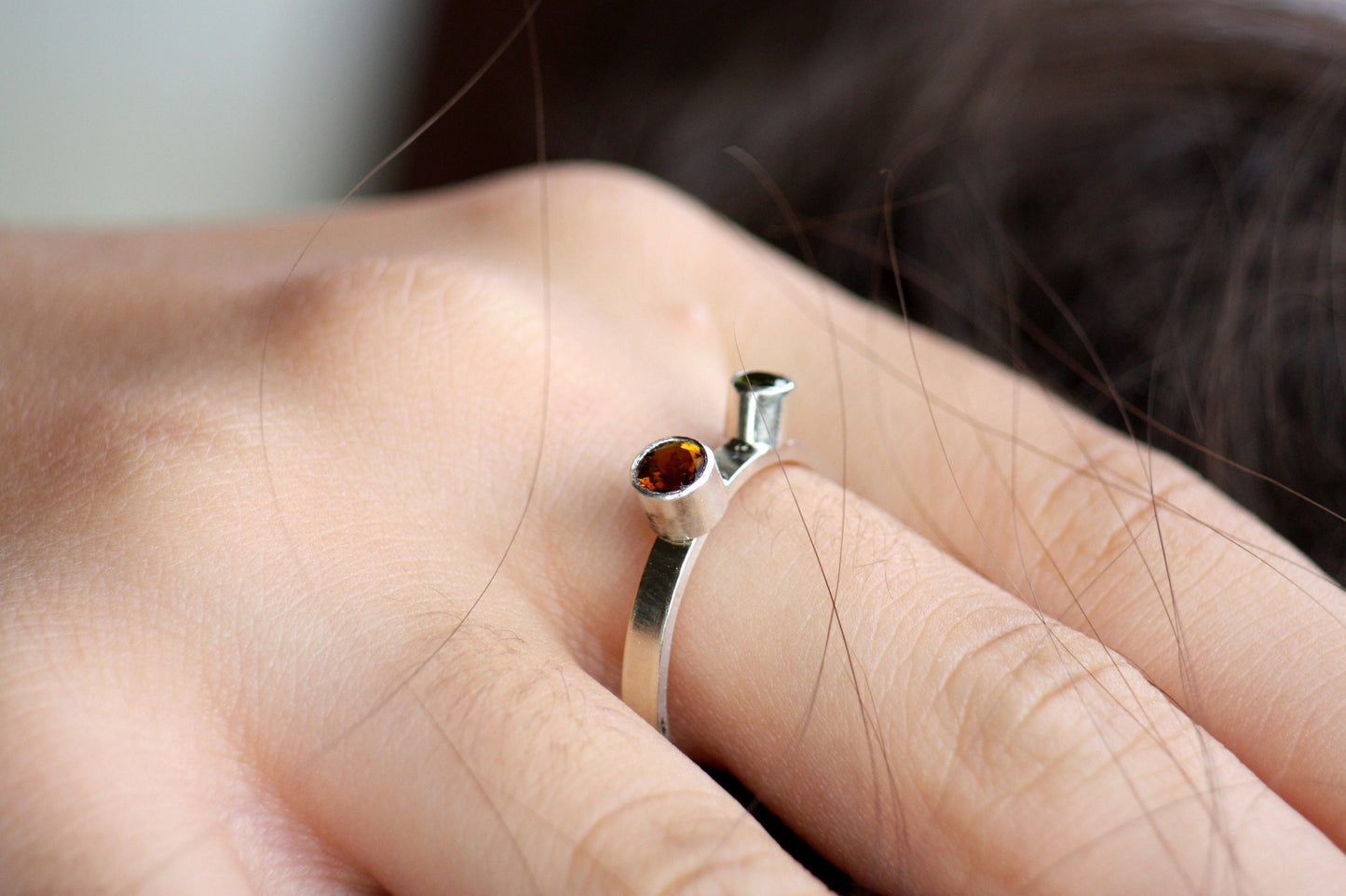 Green and Orange Tourmaline Stacking Ring, Thin Elegant, Dainty ring