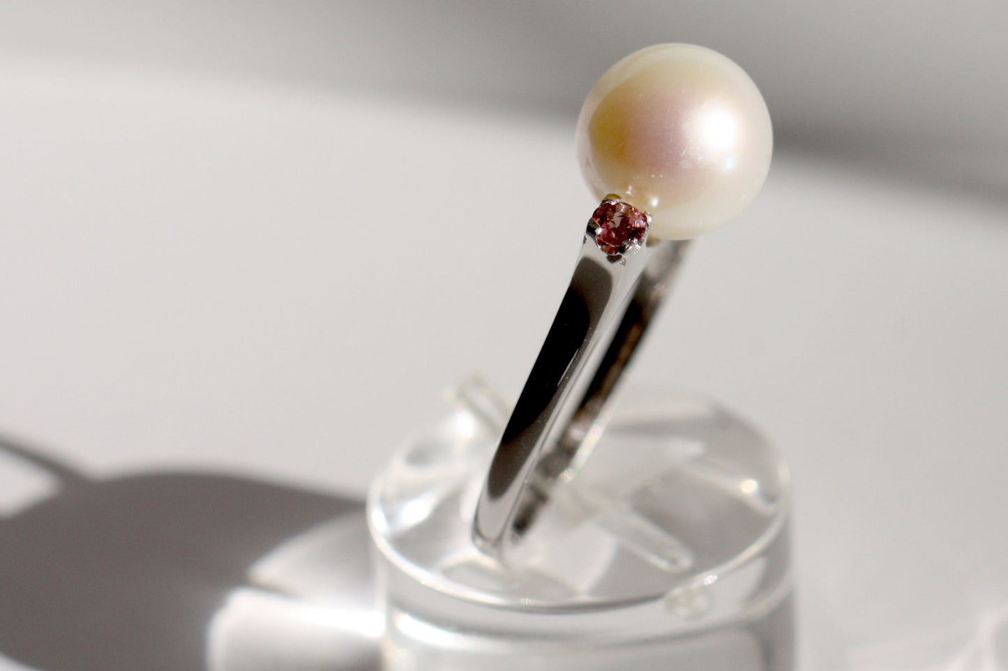 Engagement Pearl ring with pink tourmalines
