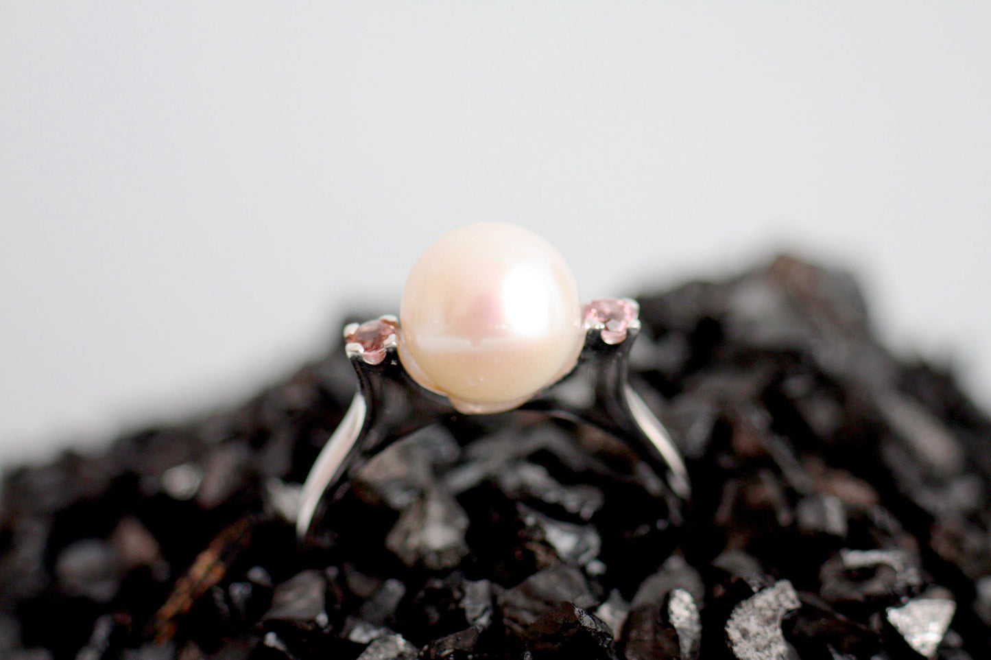 Engagement Pearl ring with pink tourmalines
