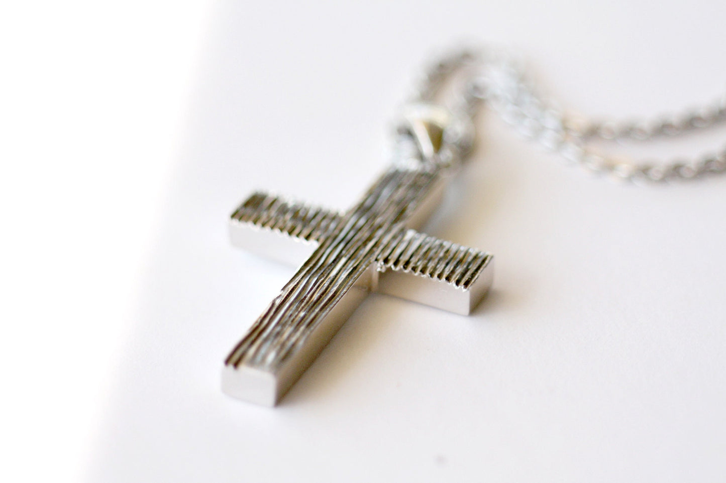 White Gold Cross necklace with Texture for Men, Baptism Christening boy cross
