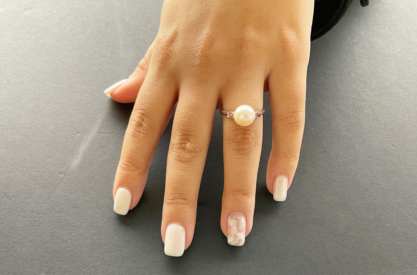 Engagement Pearl ring with pink tourmalines