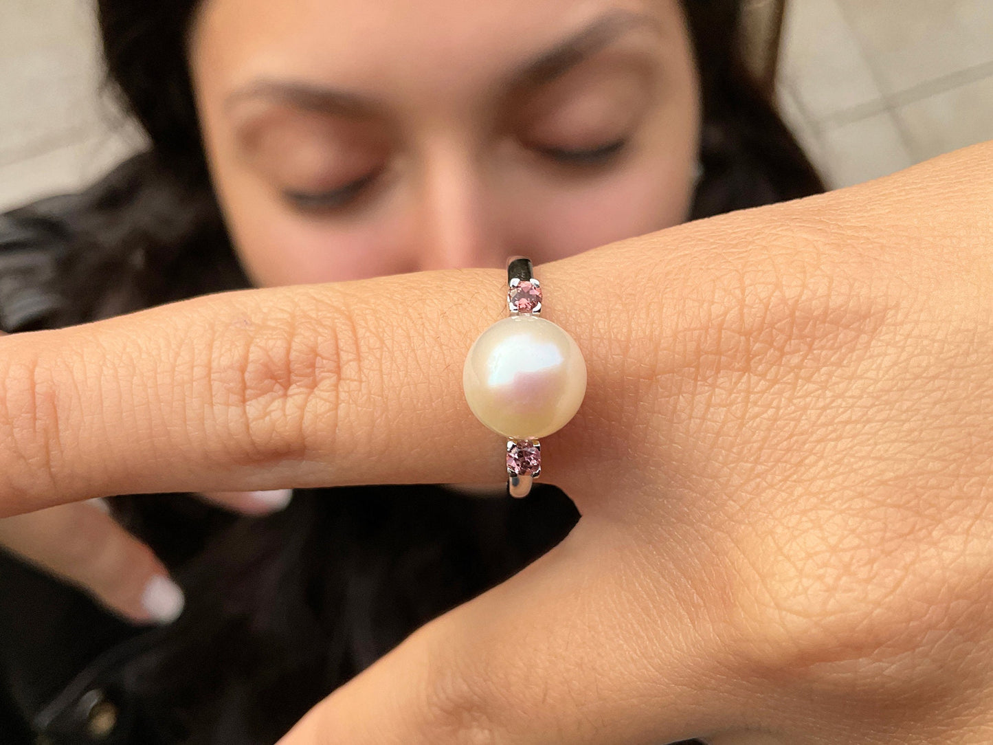 Engagement Pearl ring with pink tourmalines