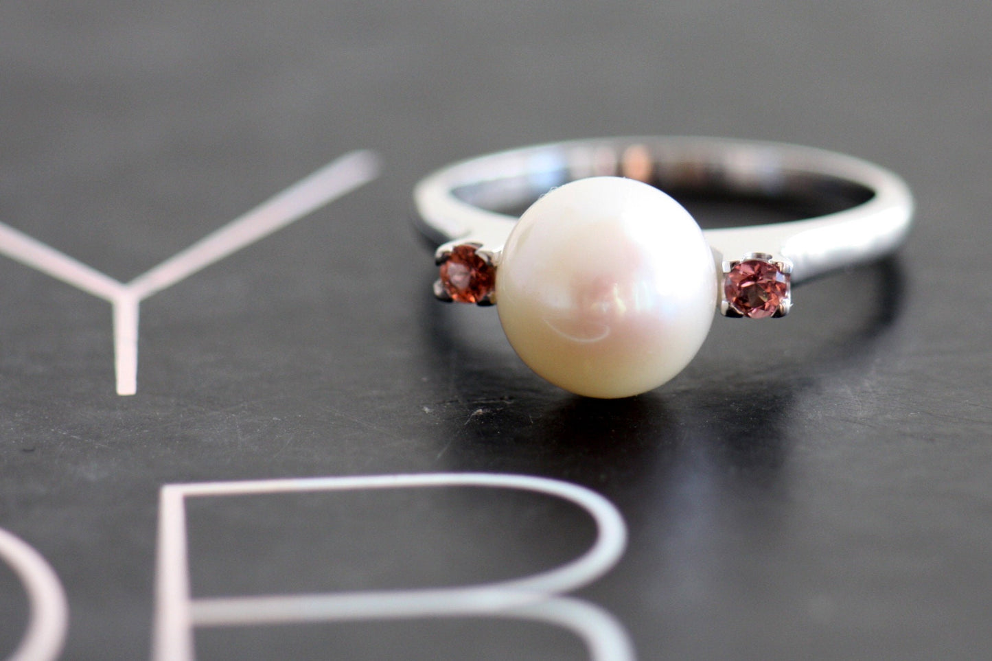 Engagement Pearl ring with pink tourmalines