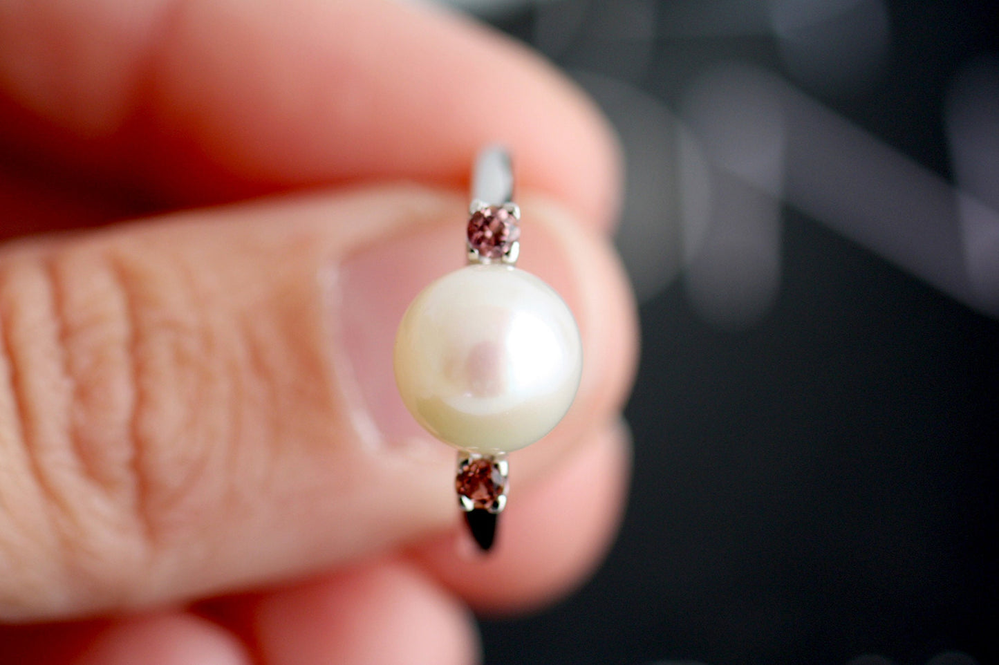 Engagement Pearl ring with pink tourmalines