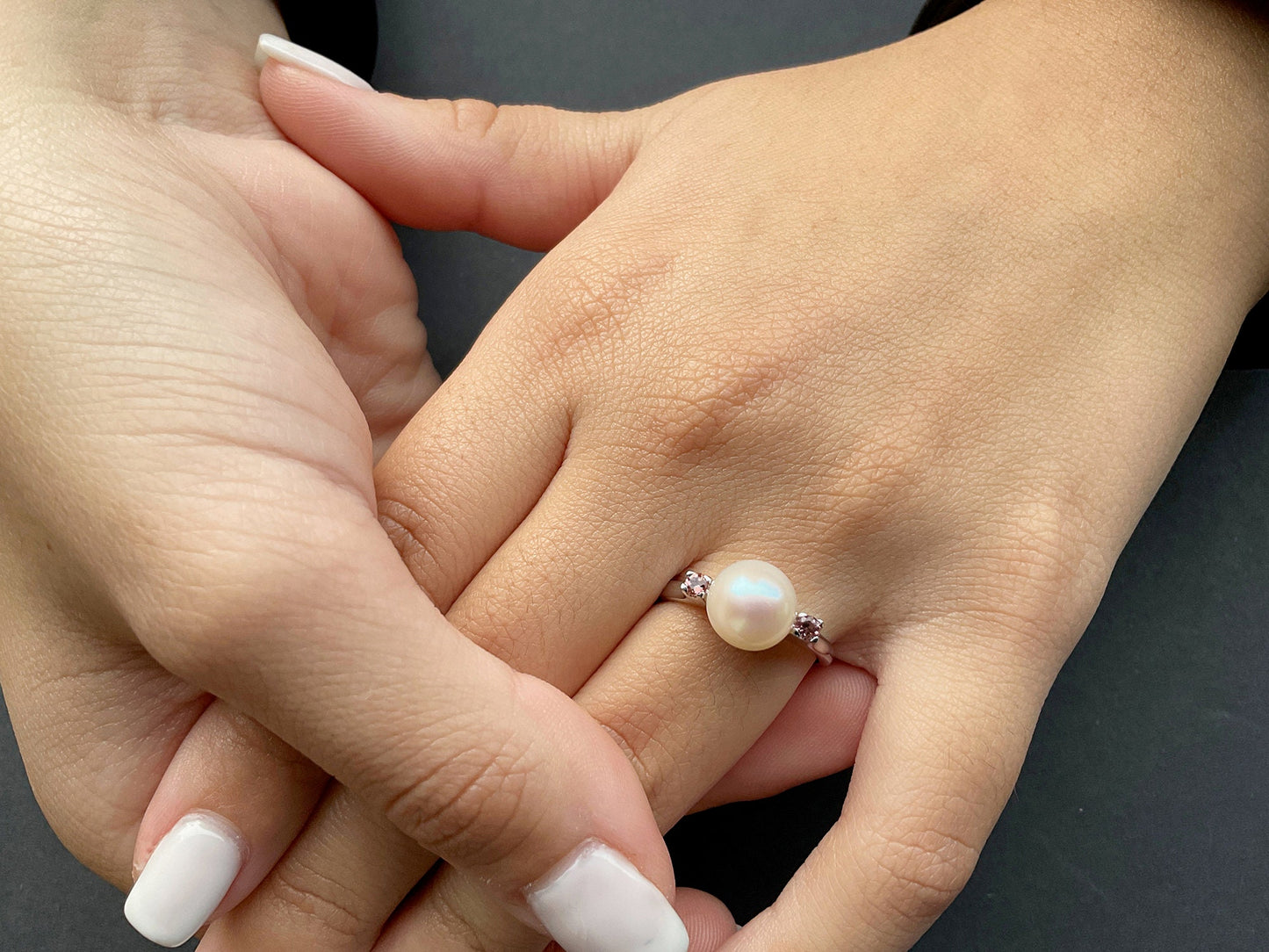 Engagement Pearl ring with pink tourmalines