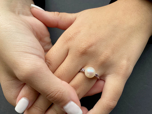 Engagement Pearl ring with pink tourmalines