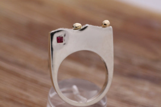 Sterling Silver ring with Gold details and a fine princess cut Ruby