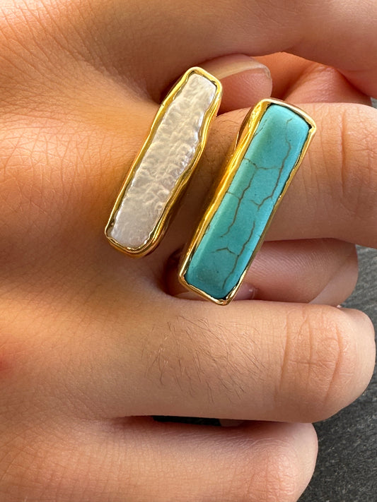 Silver ring with other of pearl and turquoise