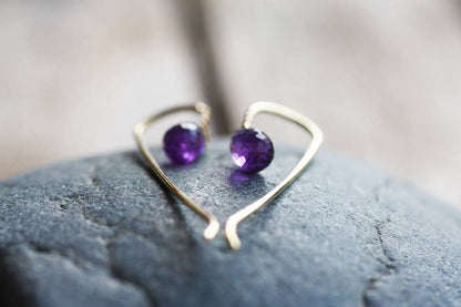 Gold K18 Wire earrings with handcrafted Amethyst, February Birthstone