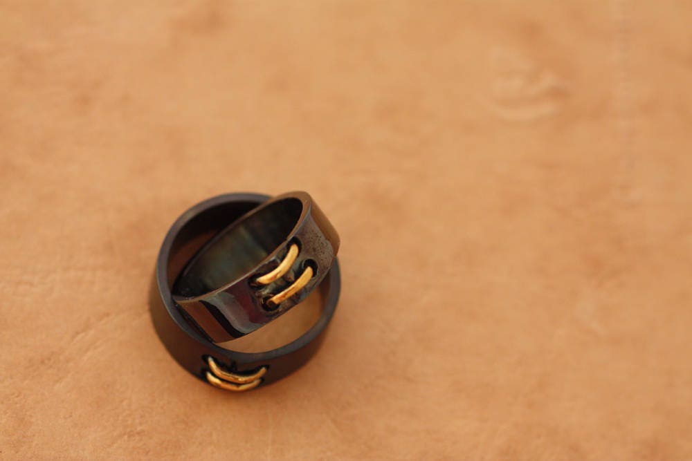 Black silver ring for couples with gold stripes