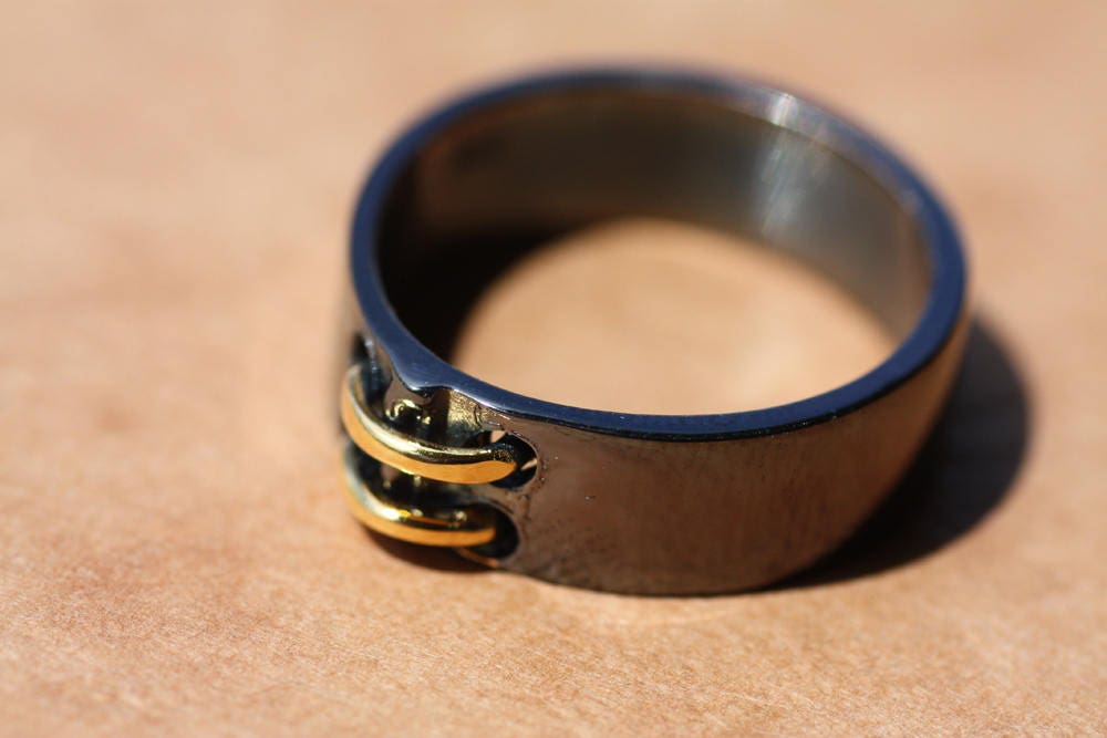 Black silver ring for couples with gold stripes