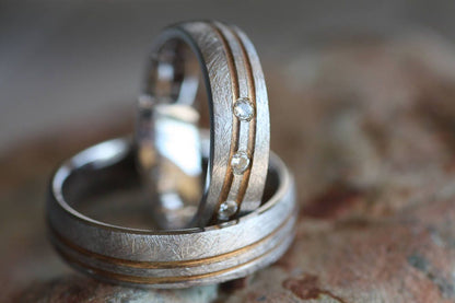 Matching Textured Gold Wedding ring with Diamonds