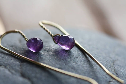 Gold K18 Wire earrings with handcrafted Amethyst, February Birthstone