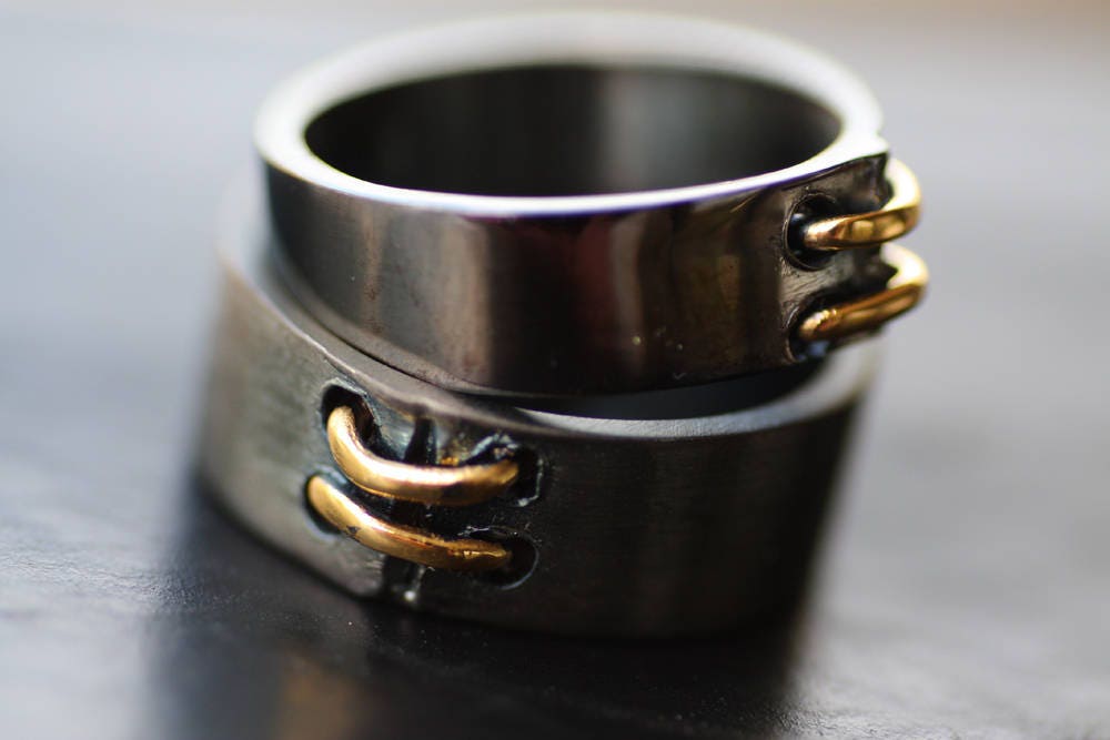 Black silver ring for couples with gold stripes