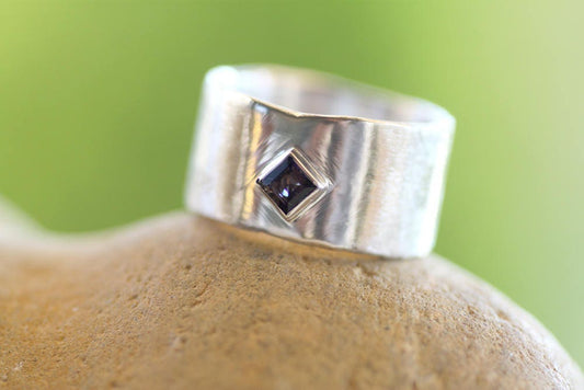 Square Iolite on Silver wide ring