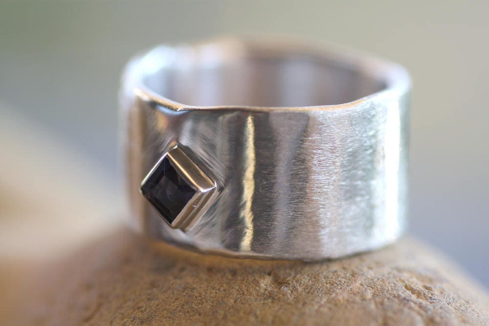 Square Iolite on Silver wide ring