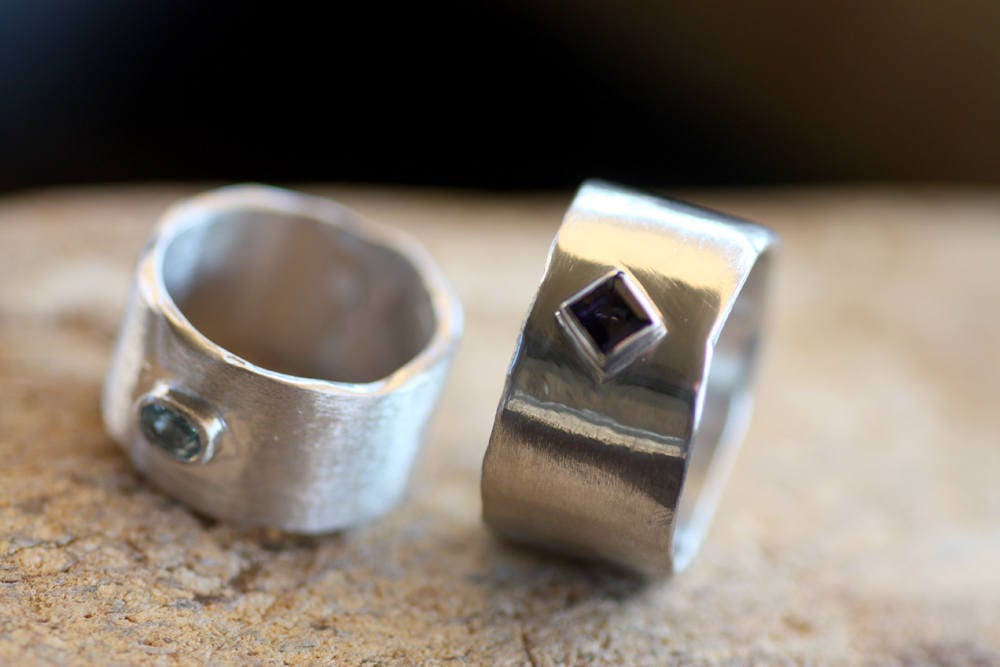 Square Iolite on Silver wide ring