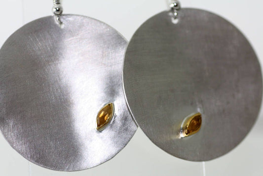 Silver discs earrings with Gold K14 bezels and citrines