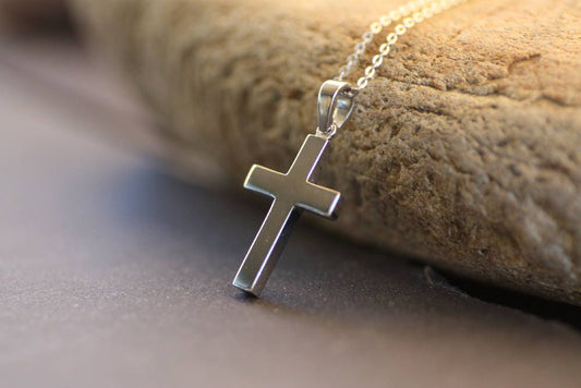White Gold Cross for men in plain and simple lines, Christening boy cross