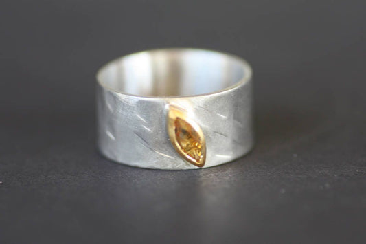 Citrine chunky wide ring, Gold 14k bezel ring