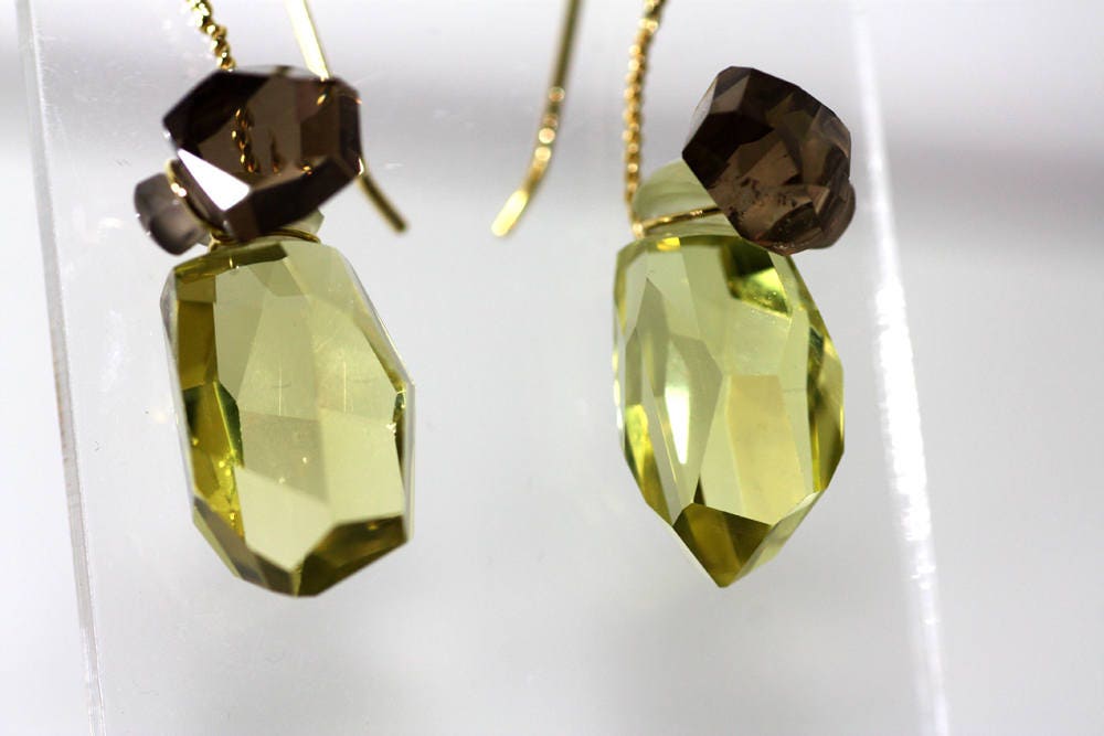 Smoky and Lemon Quartz stones set with Gold K18 on custom made earrings