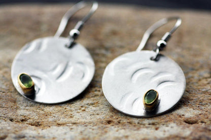 Sterling Silver textured earrings with Gold 14k bezel and peridots