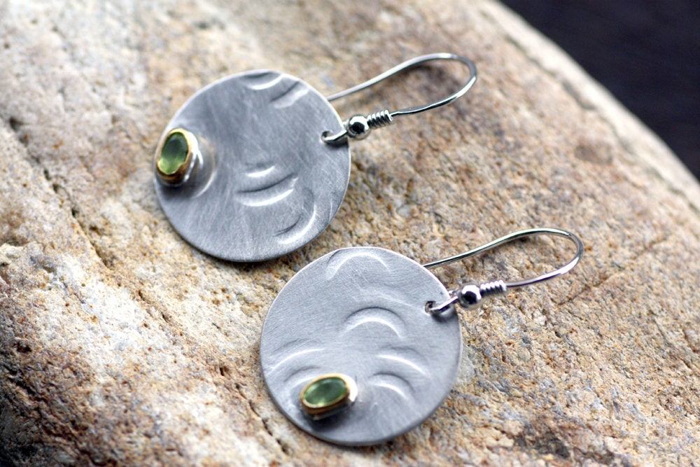 Sterling Silver textured earrings with Gold 14k bezel and peridots