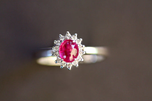 Halo Ruby diamonds gold K18 ring, Cabochon cut Ruby ring