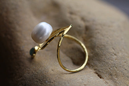 Fresh water Pearl and Tourmaline cabouchon ring